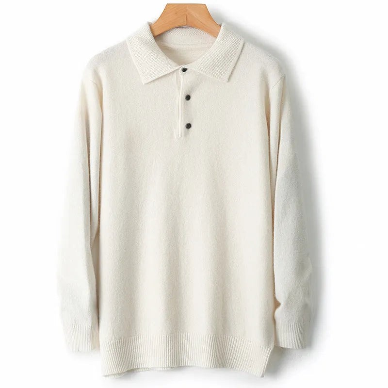 Men's polo collar wool knit sweater in noble blue, shown in a front view.
