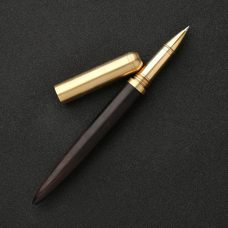 Brass and sandalwood signature pen with wooden barrel, shown alongside a ruler indicating 14 cm length.