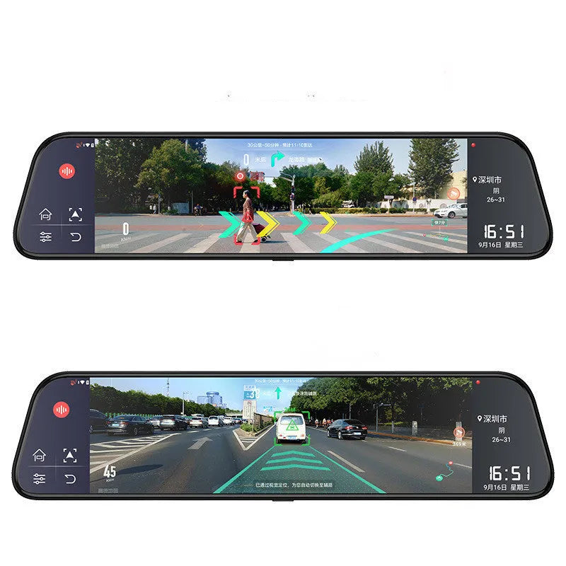 12-inch rearview mirror tachograph dash cam with dual lenses mounted in a car