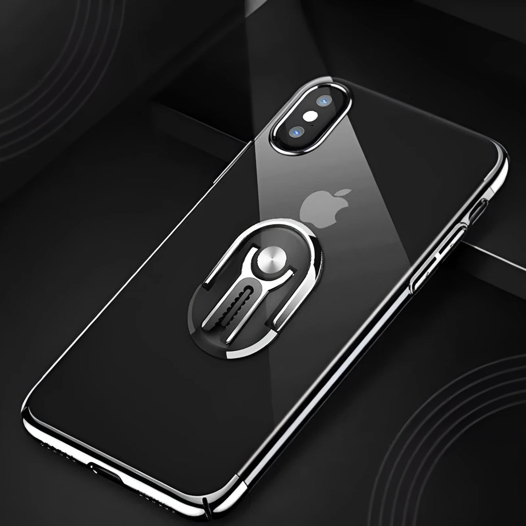 Black universal car phone bracket mounted on a car air vent, showing 360-degree rotation and flexible phone grip.