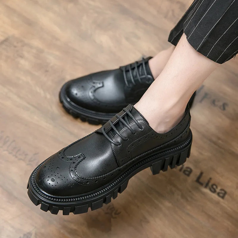 Men's black and brown round toe brogue shoes made from artificial PU leather for business wear.