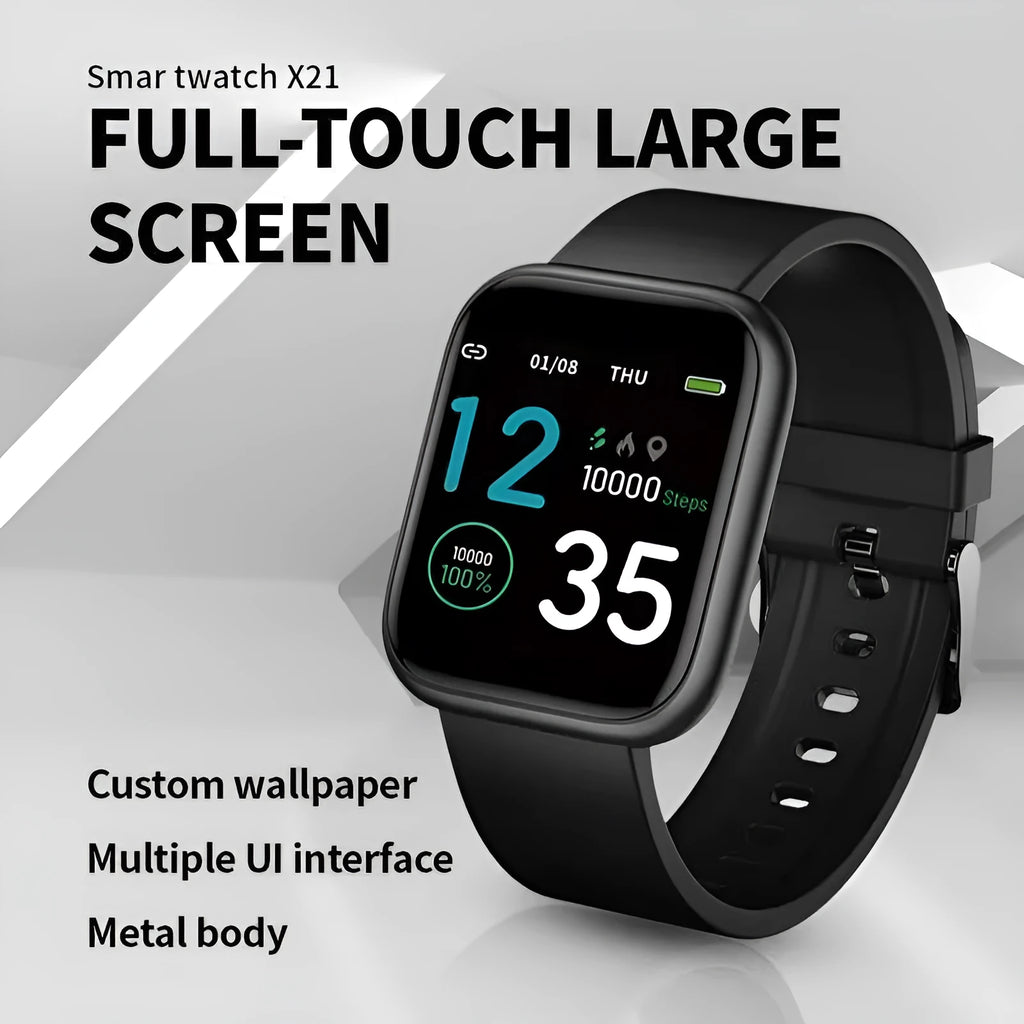 Black smart watch with colour touch screen displaying heart rate and blood oxygen data on wrist.