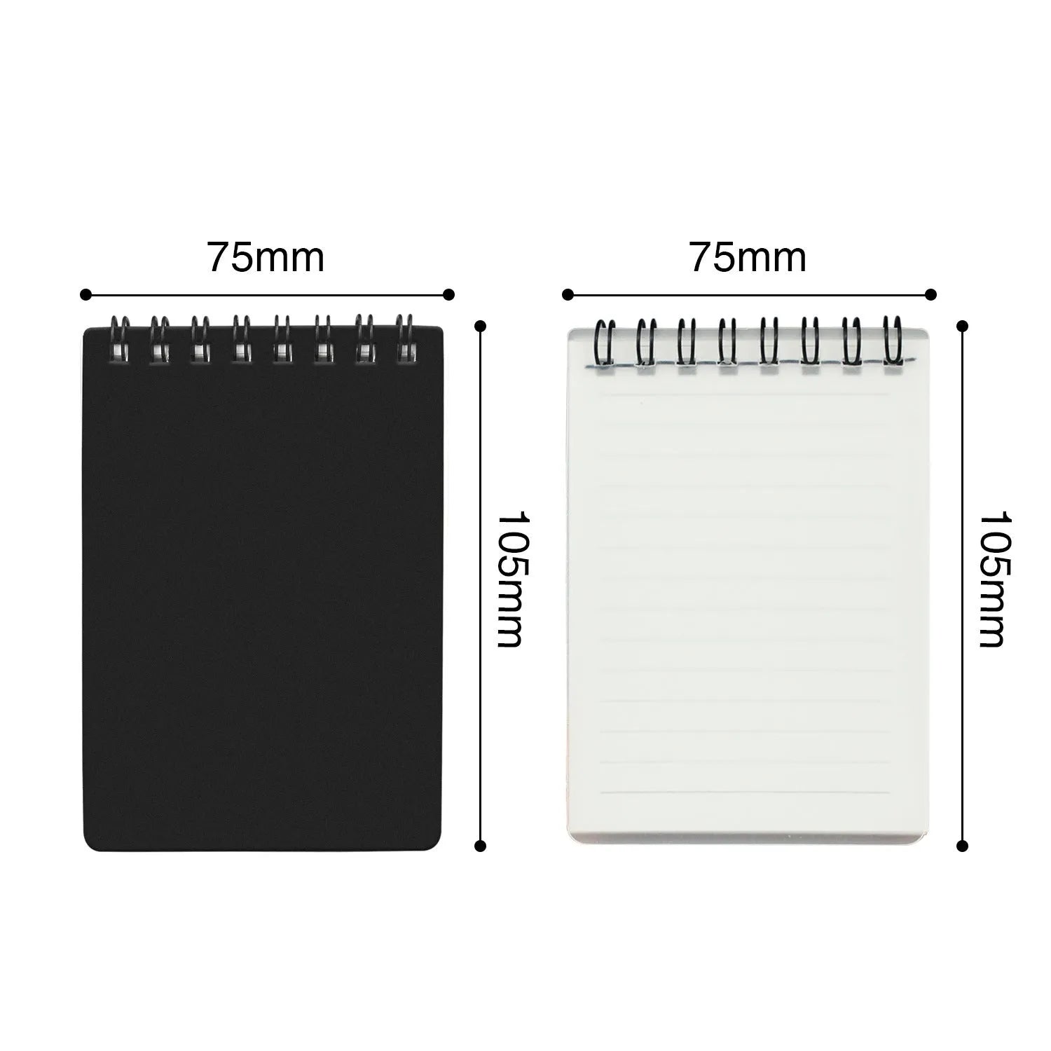 Spiral-bound business notepad with PP cover, open to show 105x75mm paper, with included pen and cloth.