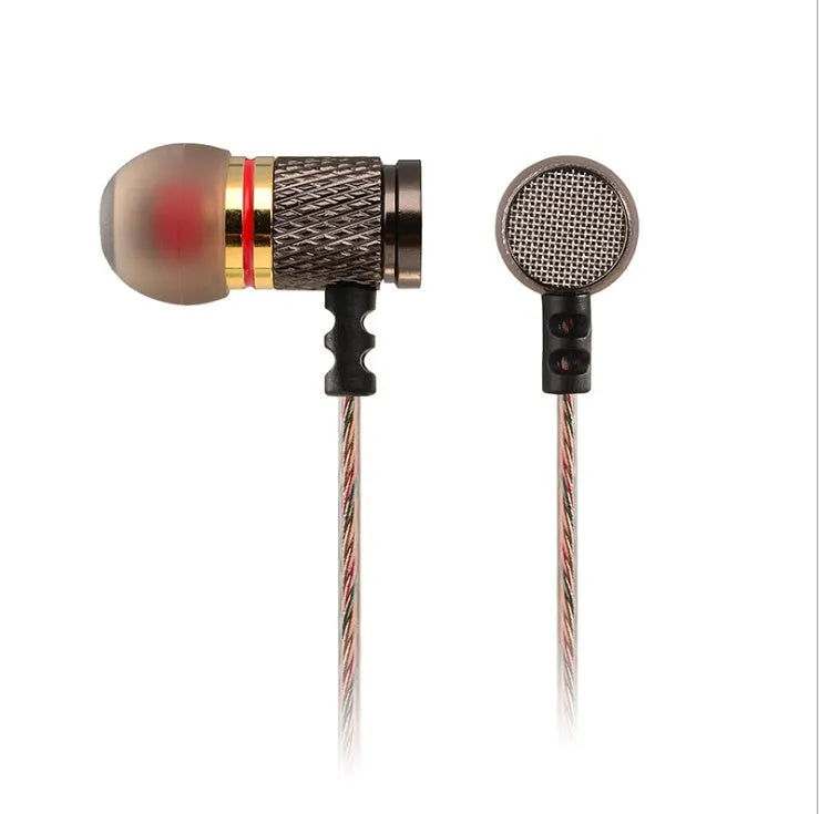 Black wired in-ear headphones with metal subwoofer drivers and L-bend 3.5mm plug