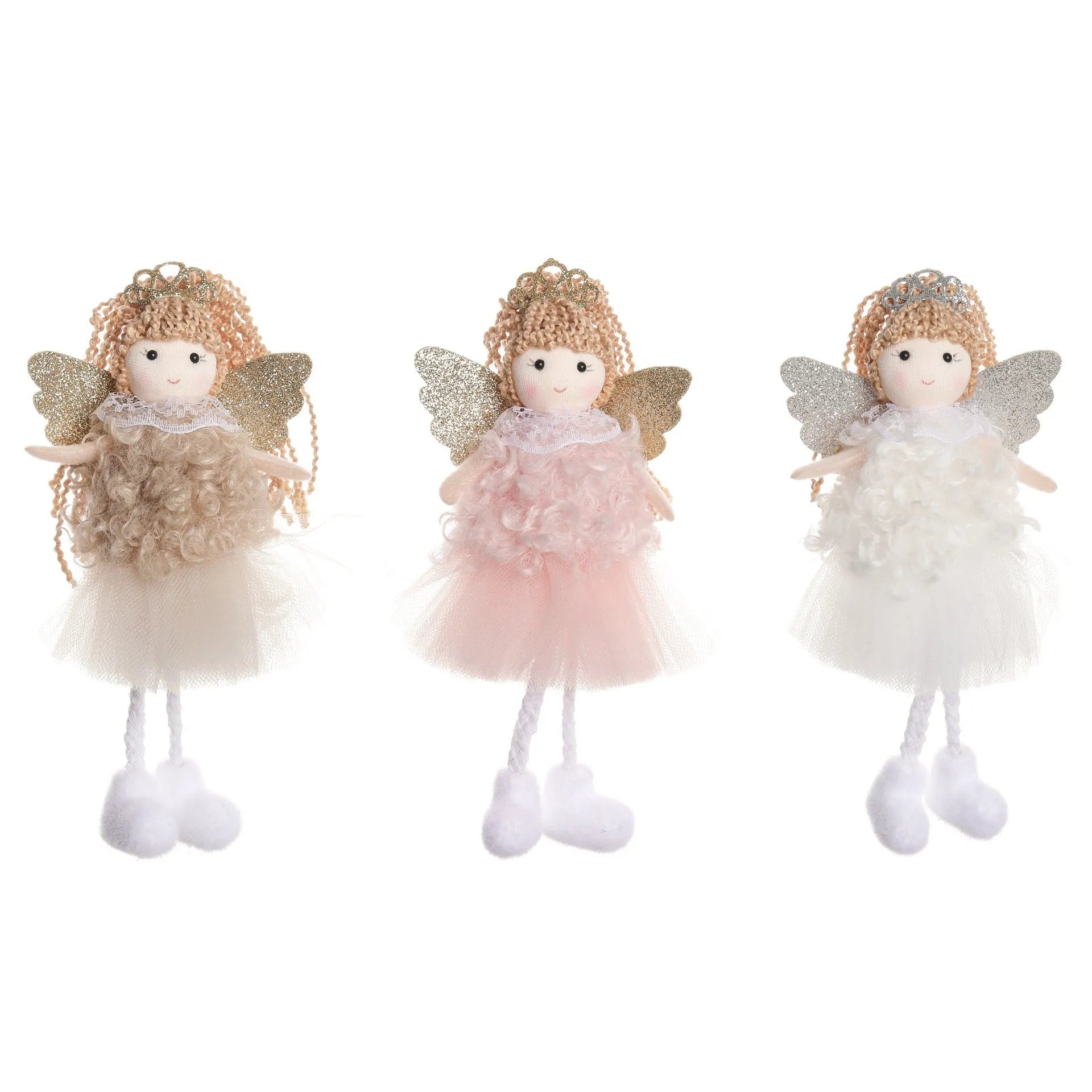 Cartoon angel cloth hair clip for a girl's Christmas ponytail in khaki, pink, or white.