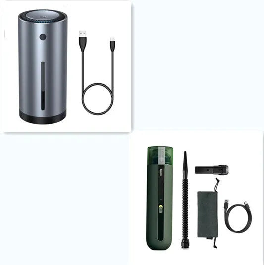 Baseus handheld cordless car vacuum cleaner in black, white, or green with blowing hose accessory.