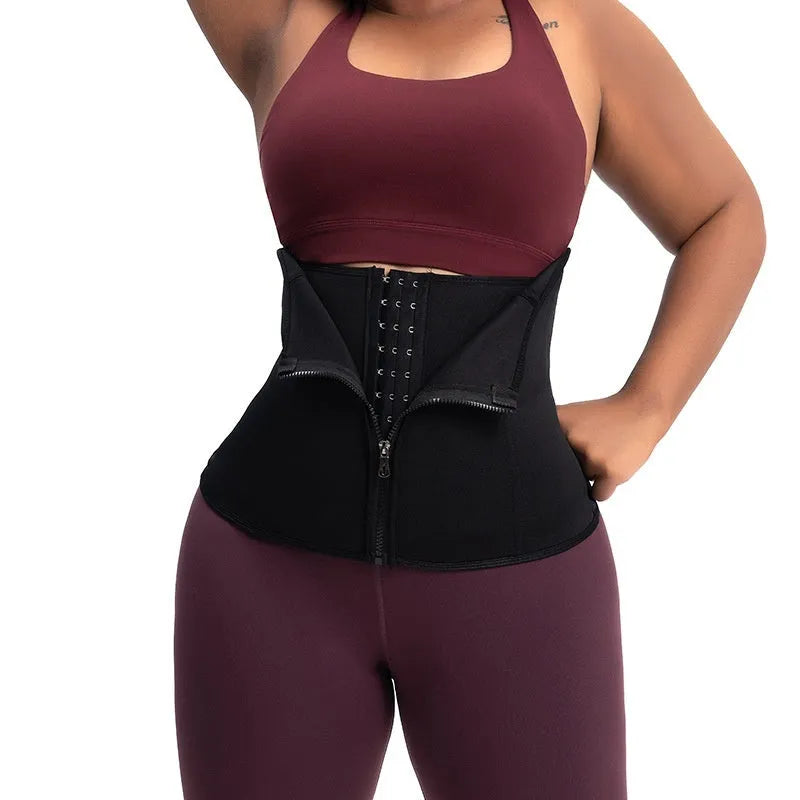Neoprene belly band corset in black, shown flat, with hook-and-loop closure.