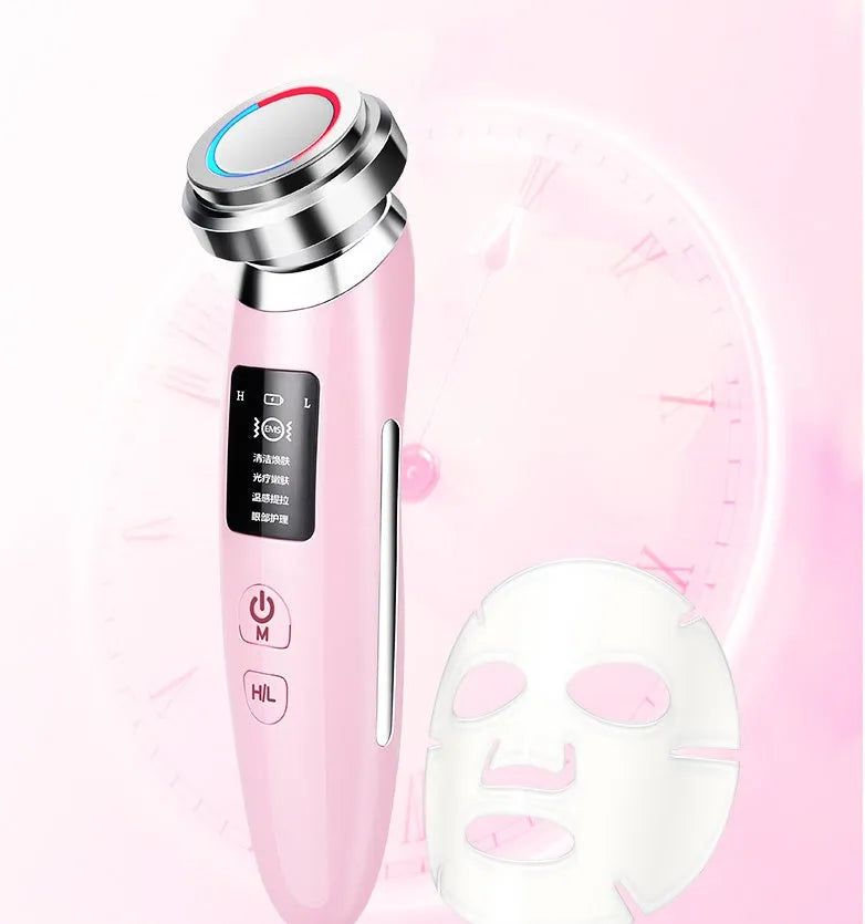 Pink handheld facial cleansing and rejuvenation beauty instrument showing 185mm length