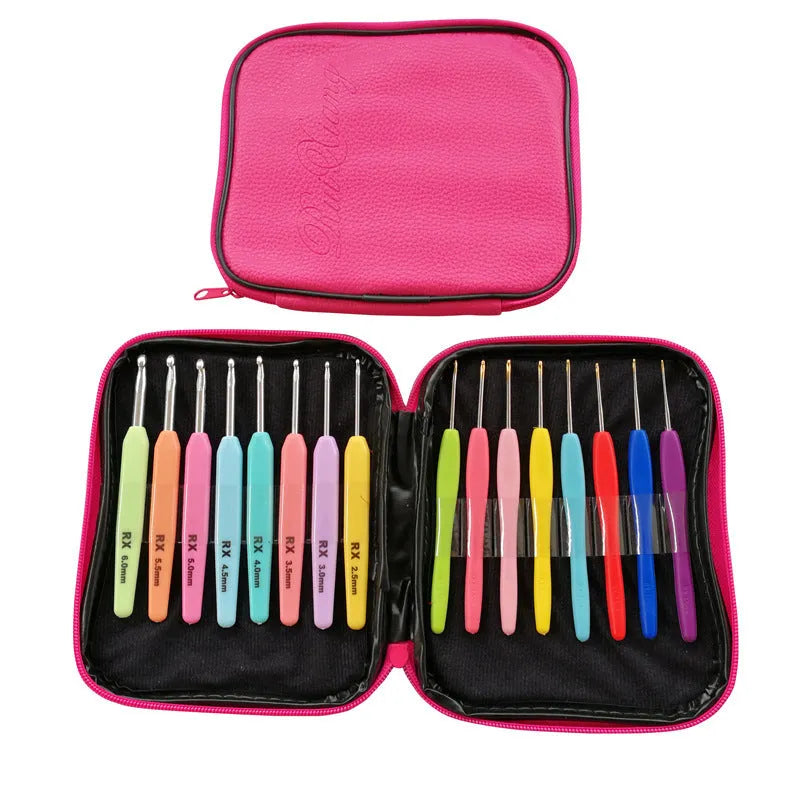 Set of 16 crochet hooks with soft and hard handles in a PU storage bag.