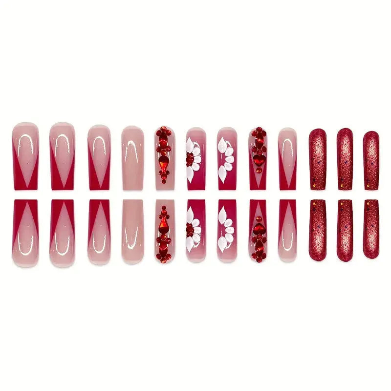 Sweet Flowers patterned fake nails with red diamonds in a long European square style.