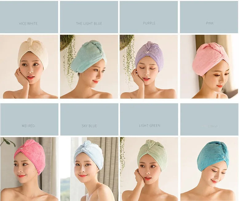 Women's microfiber hair dryer cap in assorted colours for absorbing wet hair.