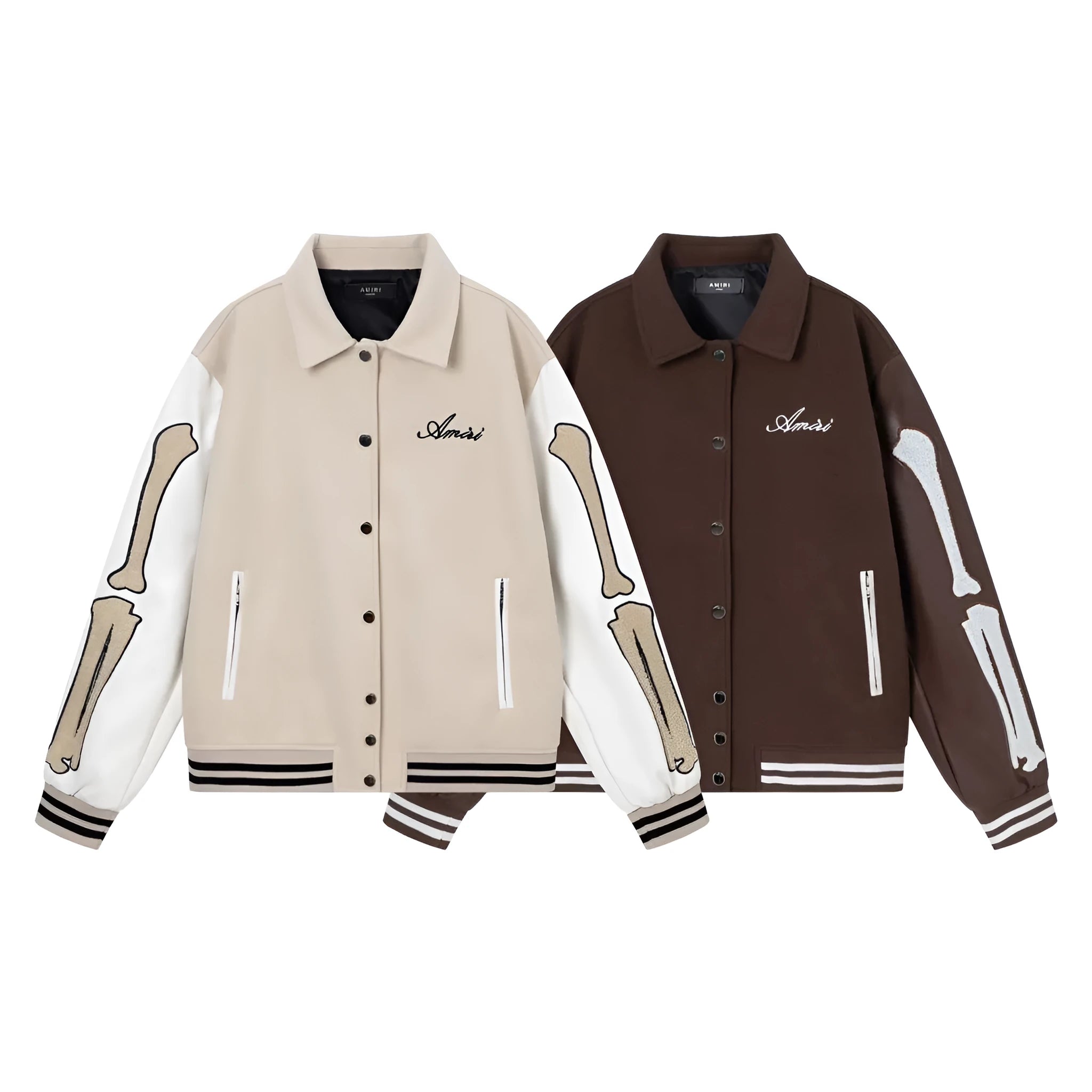 Women's apricot wool jacket with bone embroidery on the front, showing casual fit and stitch detail.