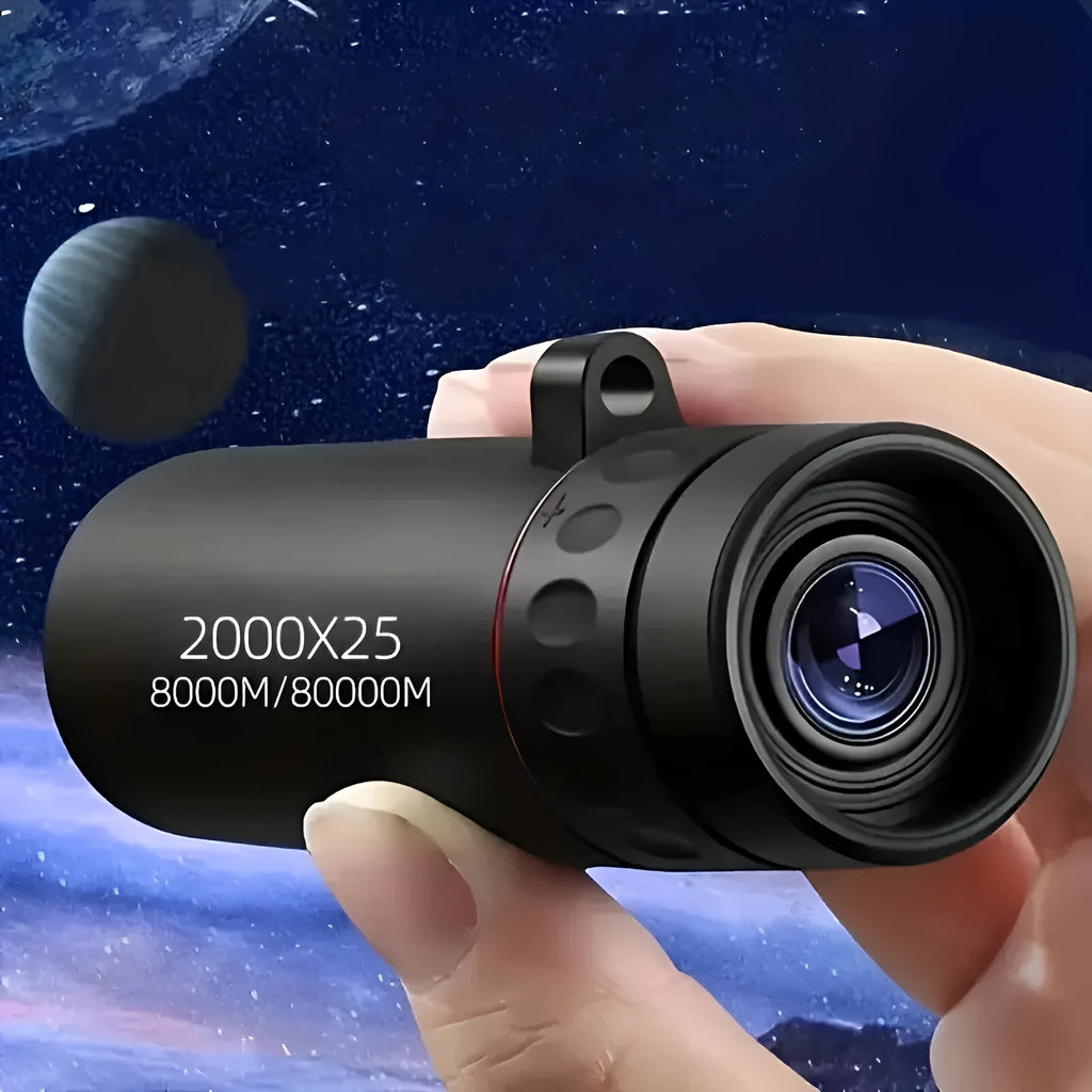 Black portable monocular telescope with a mobile phone holder attached