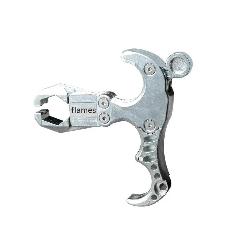 Zinc alloy archery release aid with a two-axis harpoon clip and stainless steel spring mechanism.