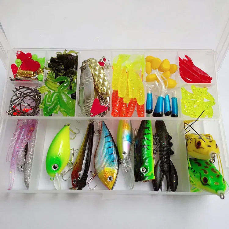 142-piece fishing lure suit showing hard plastic mino baits, metal spoons, sequins, hooks, and stainless steel fishing pliers