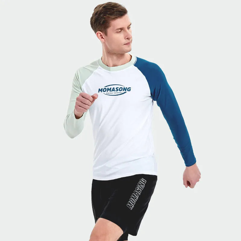 Men's white long-sleeved swim top and pants set for swimming and surfing.