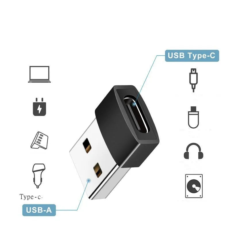 USB to Type-C adapter showing Type-C female and USB male connectors in black or silver finish