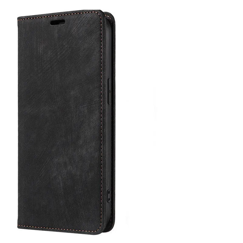 Magnetic flip phone case for iPhone in solid colours, showing TPU frame and leather cover.