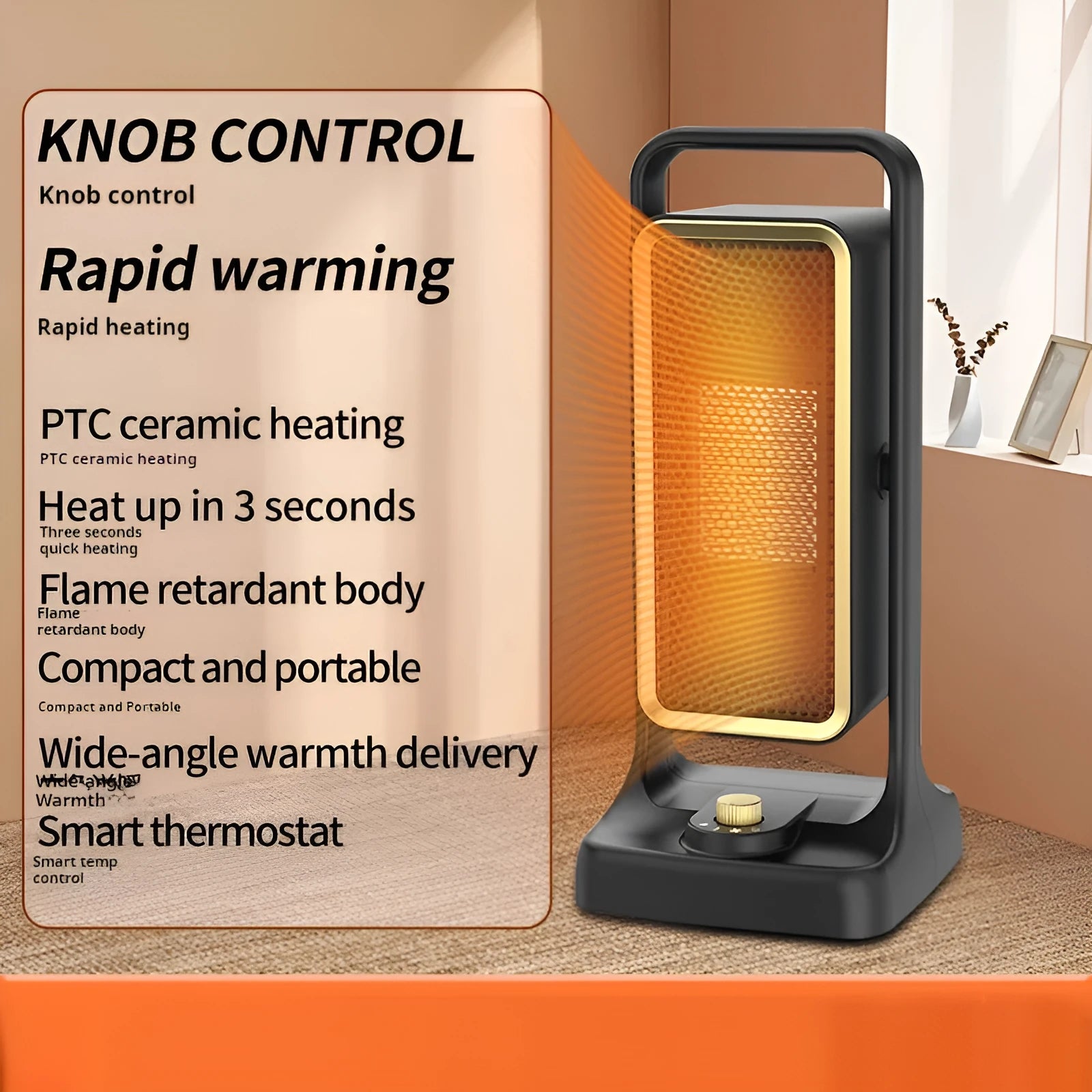 Compact black PTC ceramic desktop air heater with control knob on a wooden desk.