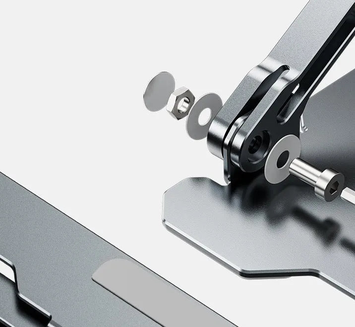 Grey aluminium laptop stand with adjustable angle, shown holding a silver laptop.