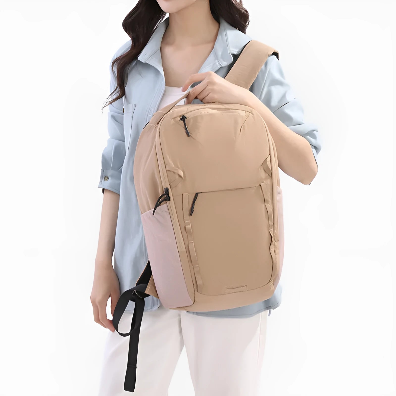Waterproof Taslan composite cloth leisure backpack in solid colour with curved shoulder strap