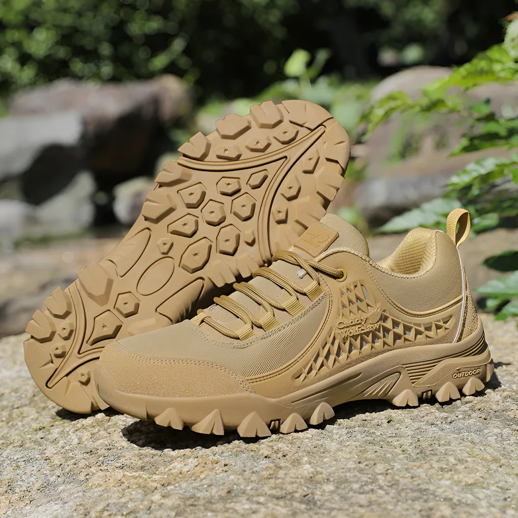 Men's khaki non-slip platform hiking shoes with PU mesh upper, low-top design, and front lace-up closure