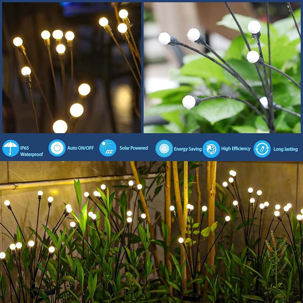 Solar-powered LED garden light with multiple heads on a stainless steel stake, placed in soil.