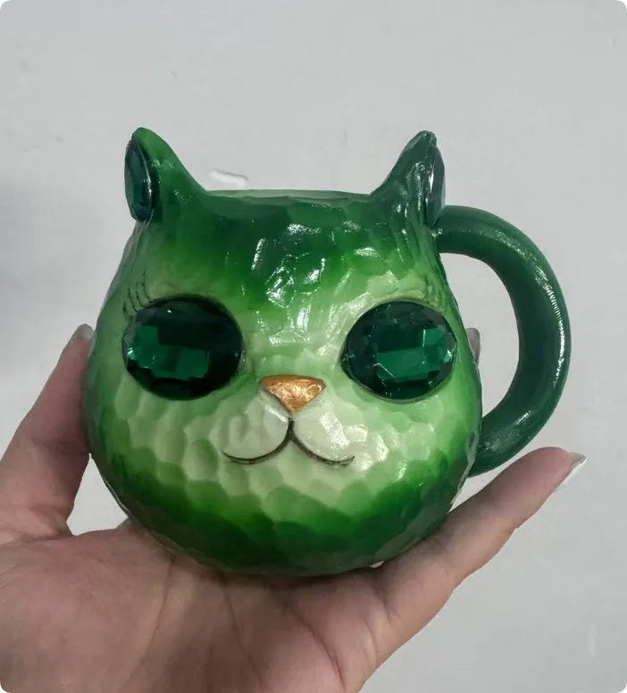 American style decorative Cat Cup resin figurine in blue, green, pink, and purple colour options.
