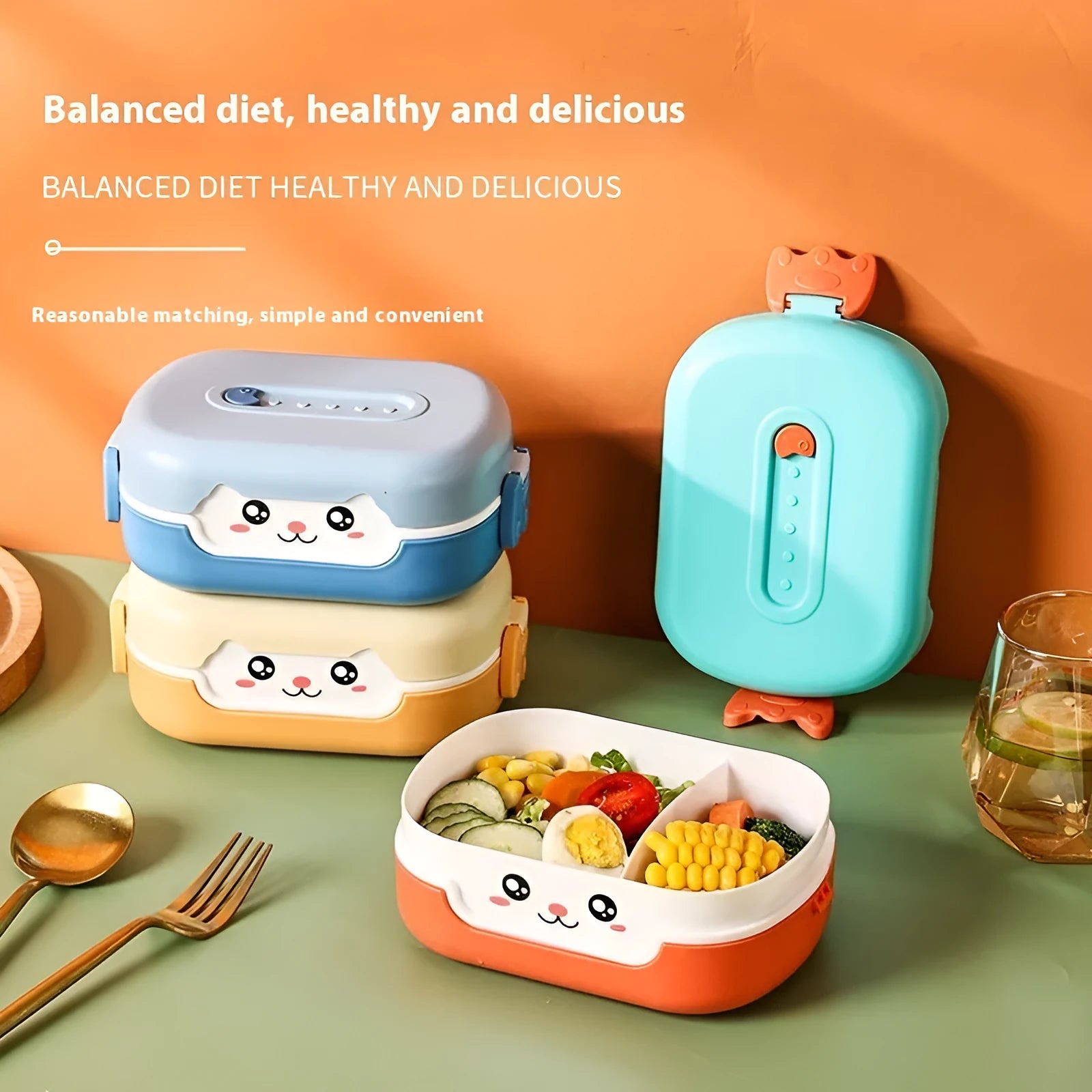 Square divided plastic lunch box in dark blue, orange, or pink and green, 301-500ml capacity