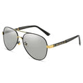 Men's metal-frame polarised sunglasses in gold, shown with decorative dragon and phoenix motifs.
