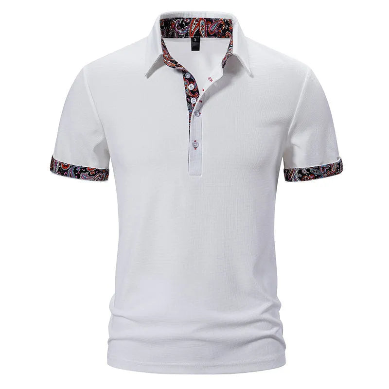 Men's classic polo shirt in cotton blend fabric, shown in white, black, and navy blue colours.