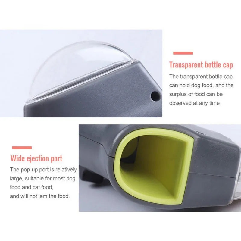 Grey dog training snack launcher catapult showing spring trigger mechanism and compact 18cm design
