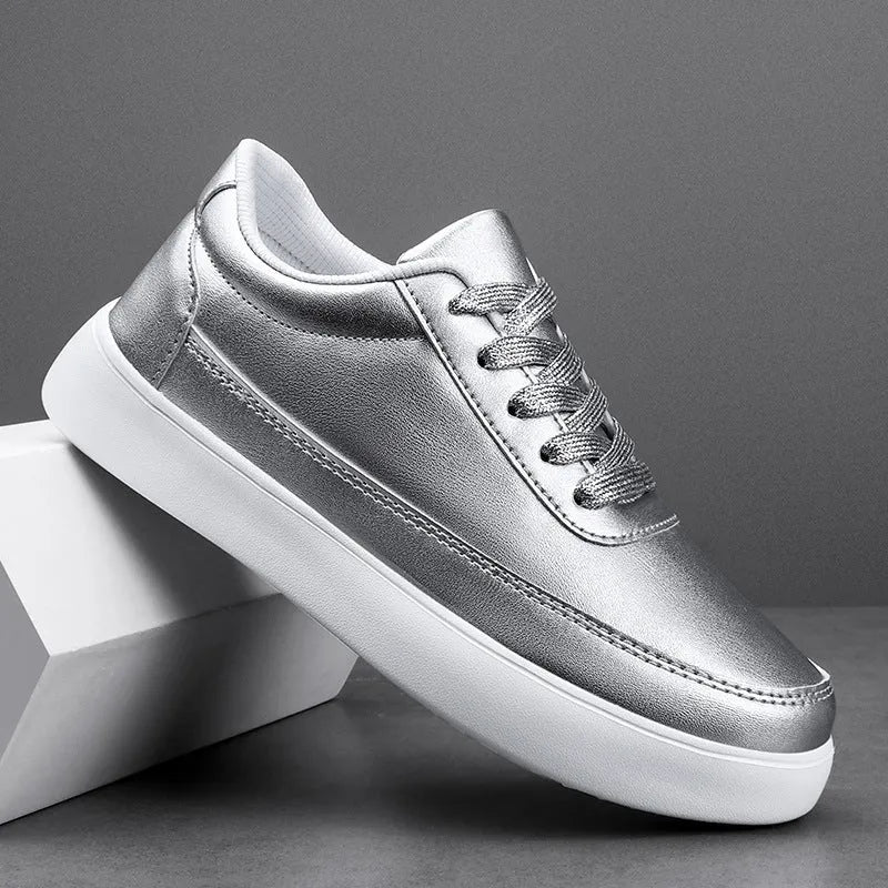 Women's white leather lace-up casual flat shoes on a neutral background.