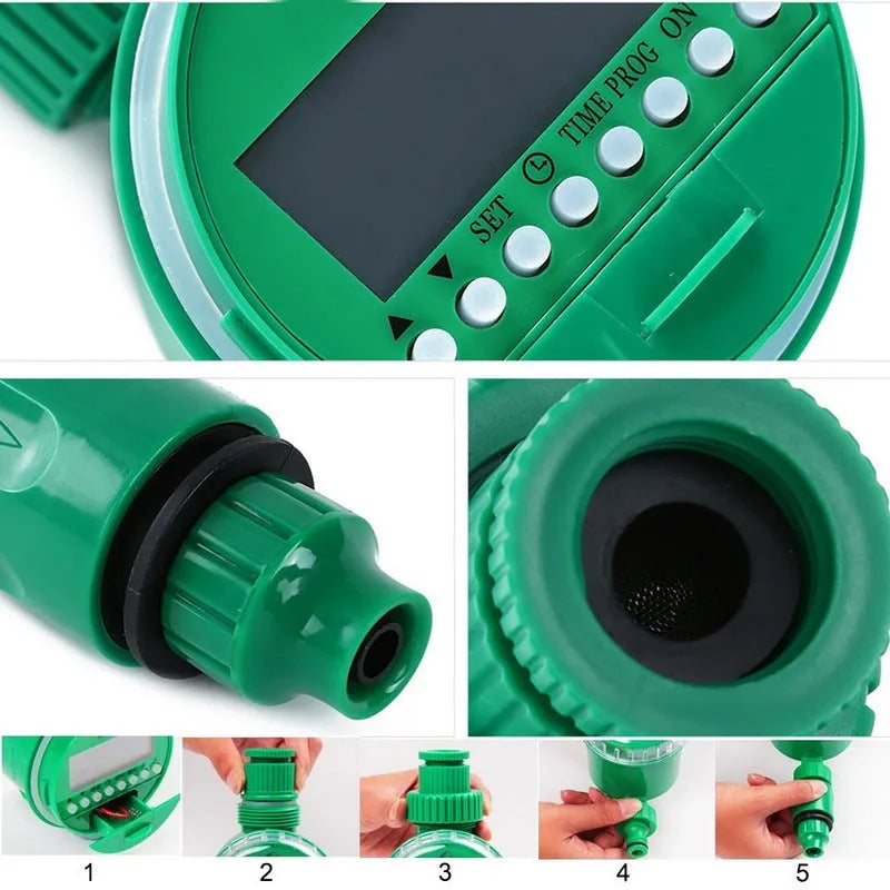 Green automatic watering timer device for garden drip irrigation systems
