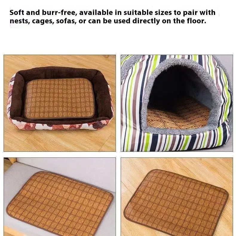 Brown rattan fibre cooling mat for dogs, shown in a large size on a floor.