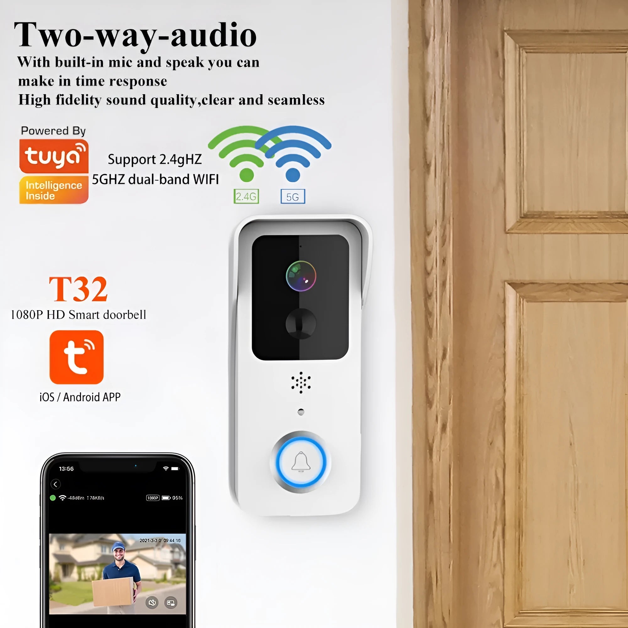 Black or white waterproof smart visual doorbell unit for outdoor security.