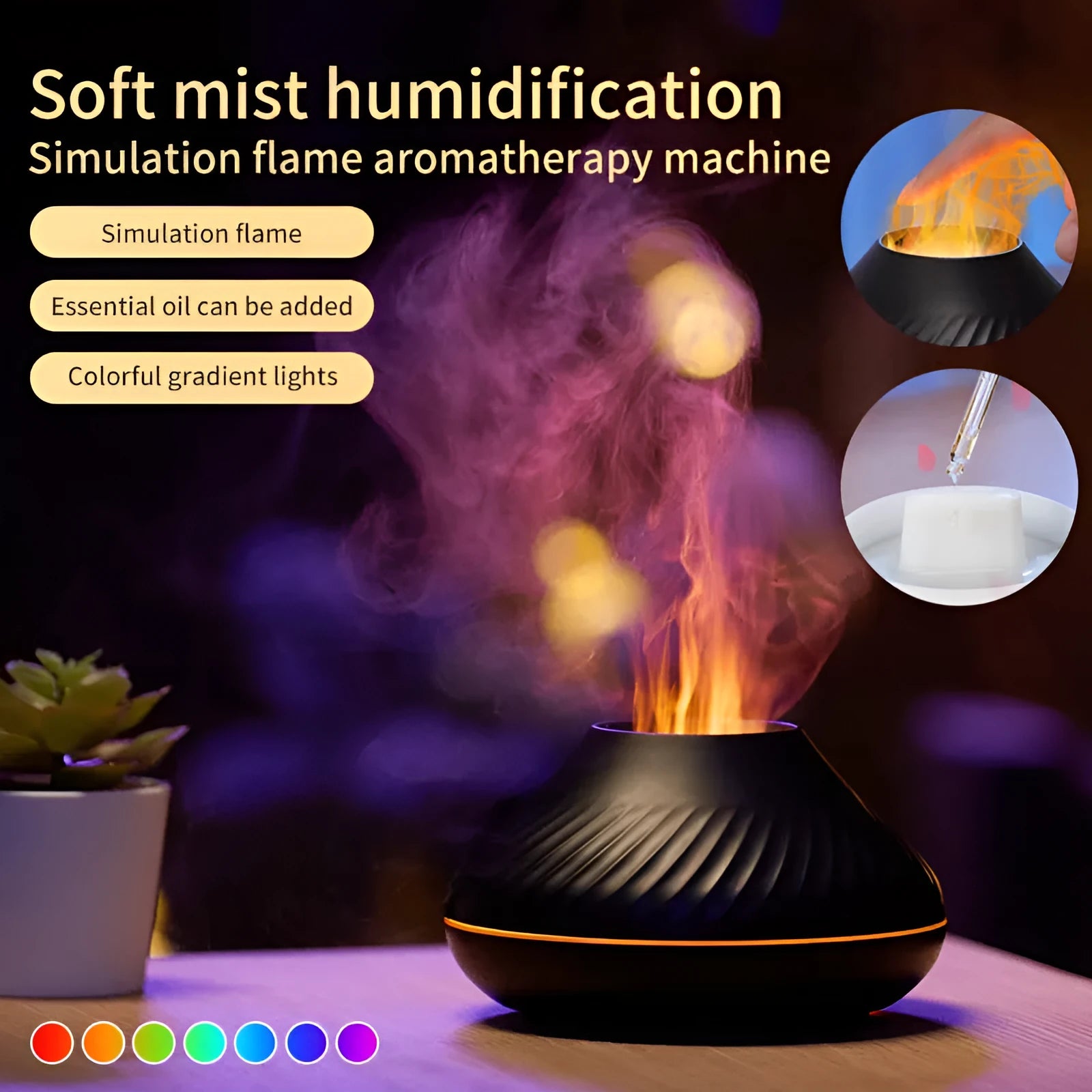 Volcanic flame design aroma diffuser with colour-changing LED light and water mist emission