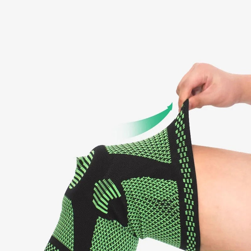 Blue silicone spring knee pad for sports, showing polyamide material and protective design.
