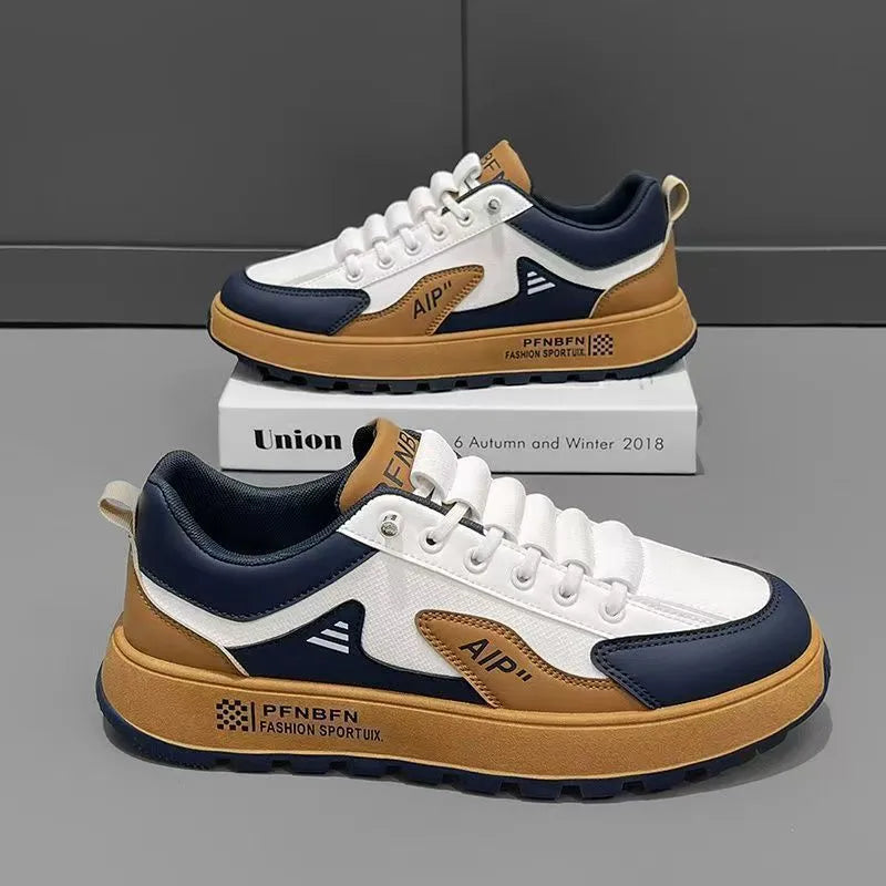 Men's white casual shoes with orange trim, round toe design and artificial PU leather upper