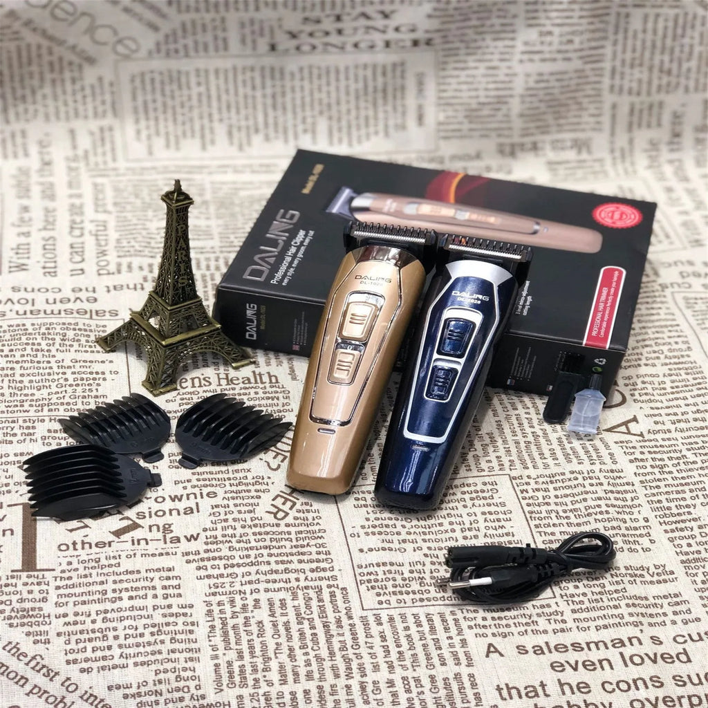 Dark blue rechargeable electric hair clipper with stainless steel blades on white background