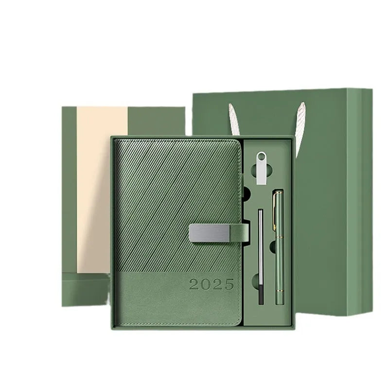 A5 PU leather business notepad with striped cover showing eight colour options and 204 sheets of paper