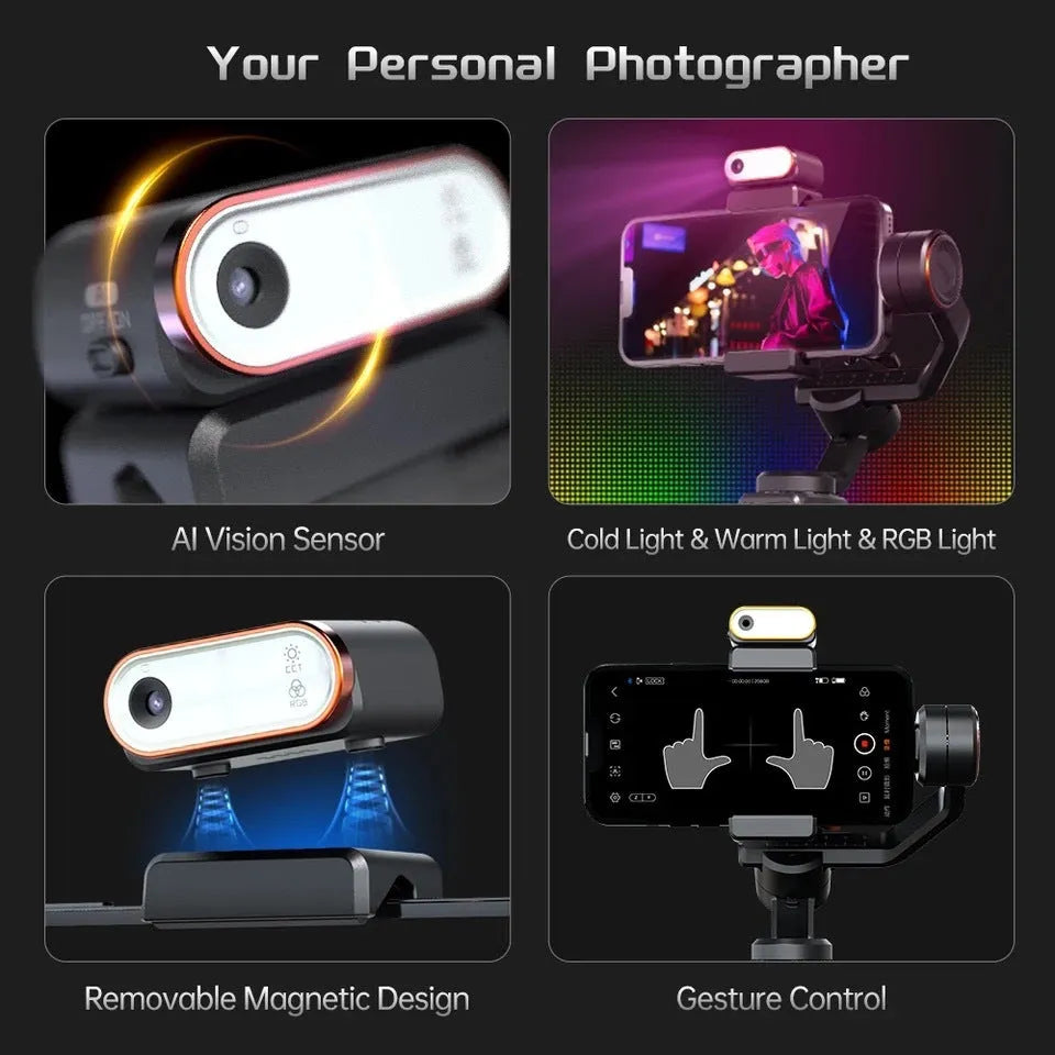 Black AI face tracking three-axis smartphone stabiliser with magnetic fill light mounted on tripod