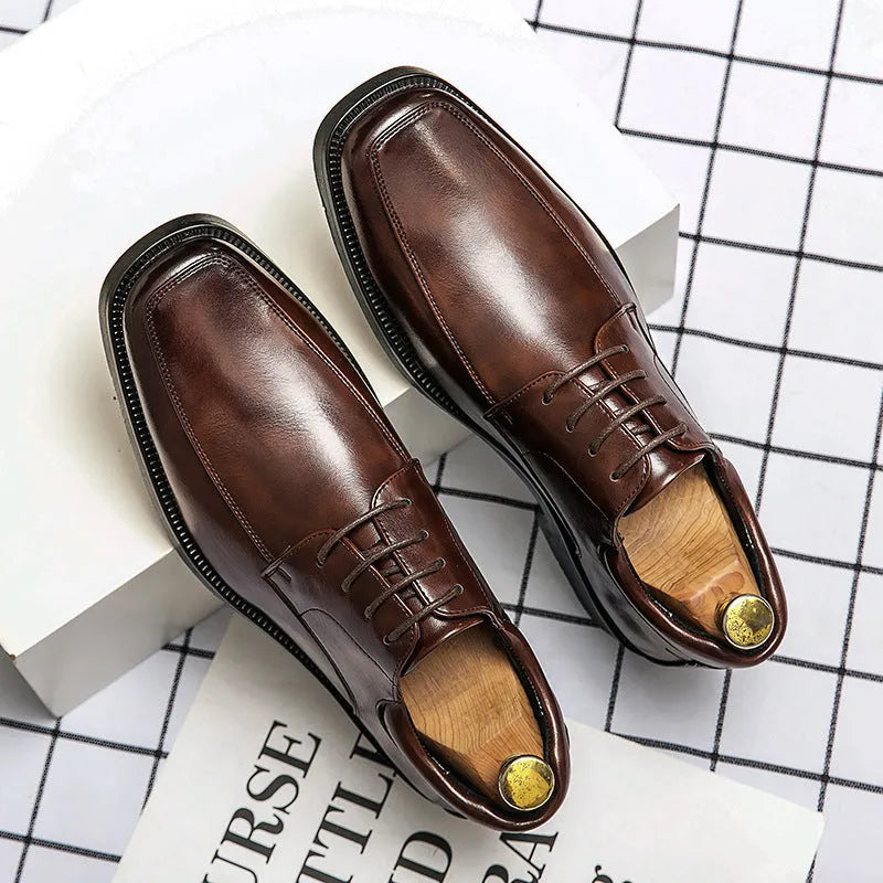Men's black square toe leather business casual shoes with low-top ankle height
