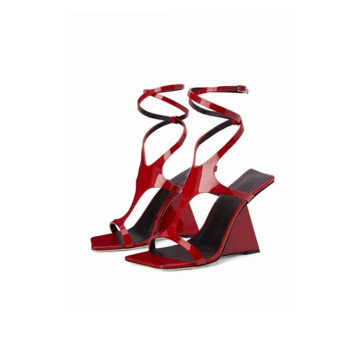 Women's black strappy high heel sandals with a square toe and 9.5cm block heel.