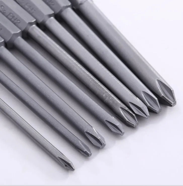 Eight magnetic cross-head screwdriver bits on a white background, showing Phillips tips and hex shanks.