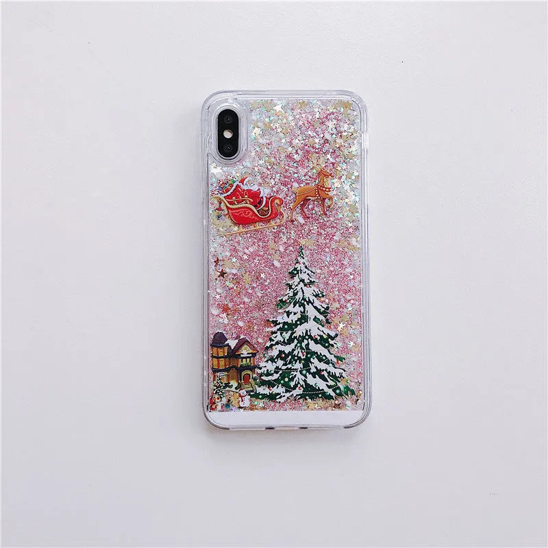 Transparent quicksand effect phone case with Santa Claus and Christmas tree design for iPhone and Samsung