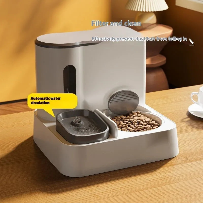 Cat automatic pet feeder with integrated double bowl water dispenser system