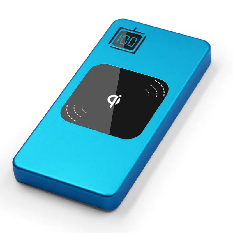 A black portable power bank with an LCD screen showing battery percentage, alongside silver, red, and blue colour options.