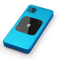 A black portable power bank with an LCD screen showing battery percentage, alongside silver, red, and blue colour options.