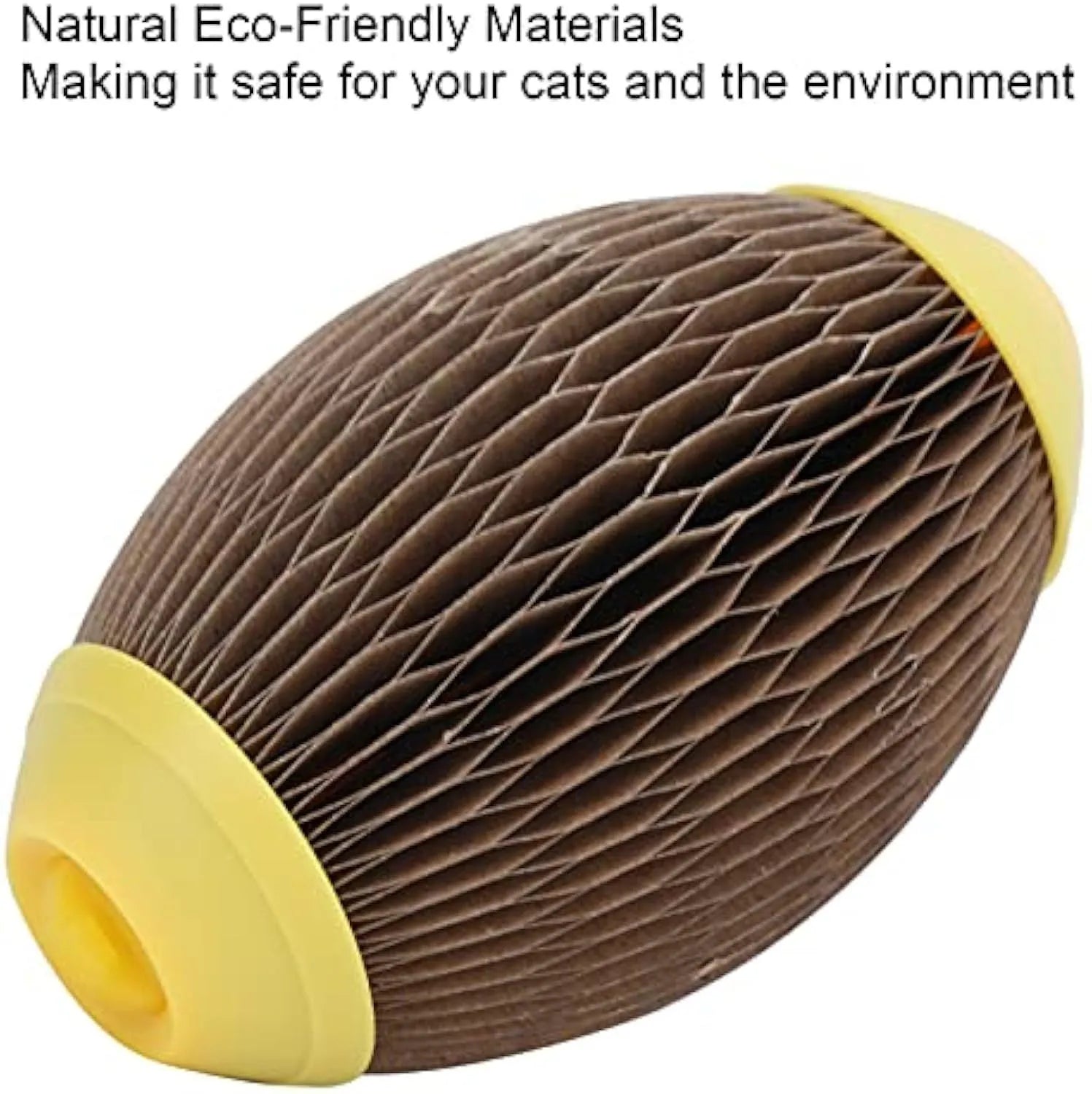 Green ellipse‑shaped corrugated paper catnip ball toy with scratch surface on a white background